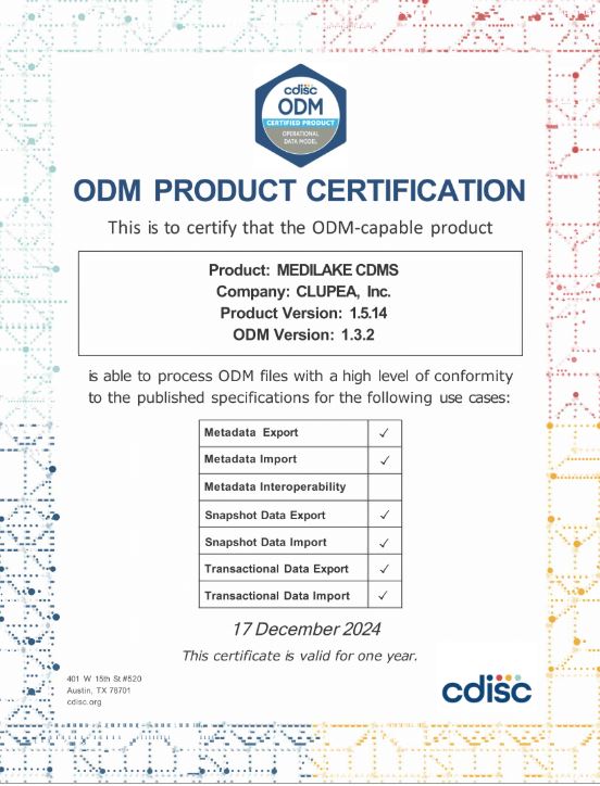 클루피 MediLake CDMS, CDISC ODM Export 인증